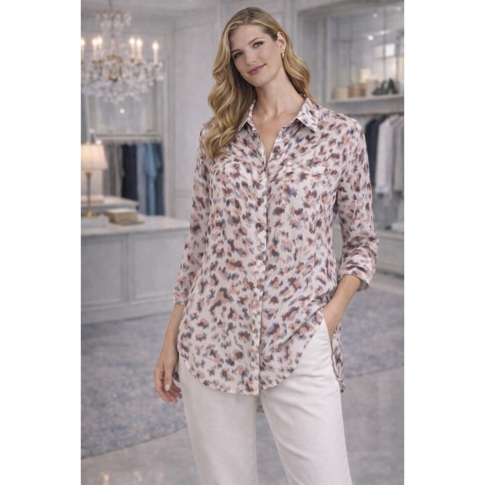 Anthropologie Cloth & Stone Leopard Print Button Down Top Shirt Size XS Rayon‎